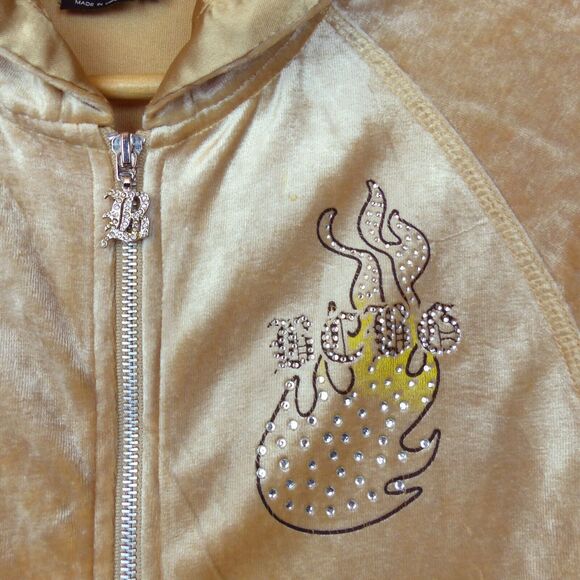 Vtg BCBGMAXAZRIA Y2K Velour Hoodie Track Jacket M Beige Rhinestone Graphic Flame - Picture 6 of 15